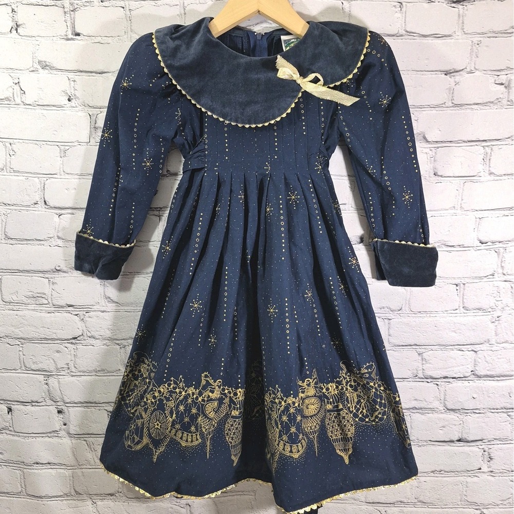 Vintage DAISY KINGDOM Christmas Party Dress Golden Angel Pleated Navy Sz 3T-4T